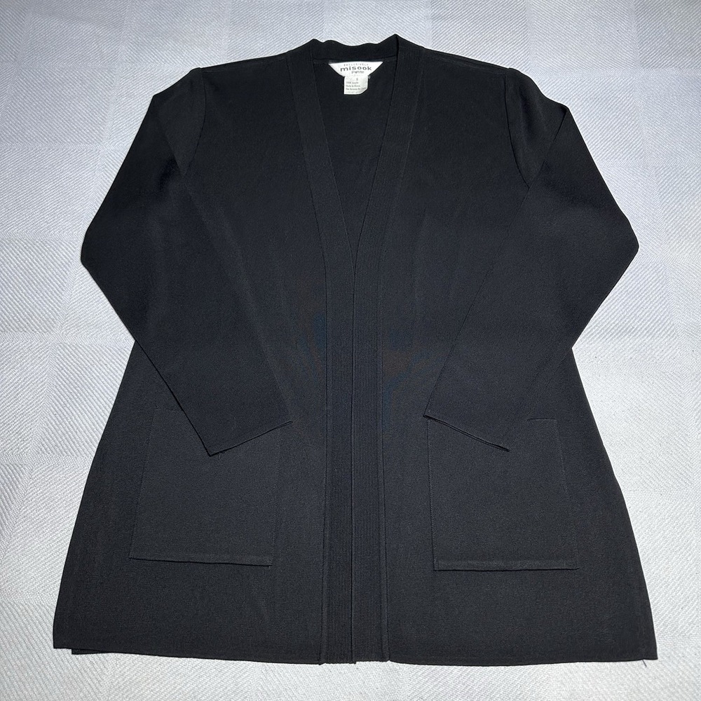 Misook Cardigan Womens Petite Small Solid Black Acrylic Knit‎ Open Front Pockets